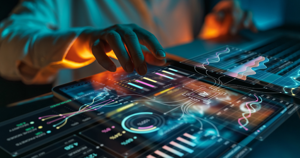 Mano tocando una pantalla táctil con gráficos de datos y paneles de análisis futuristas.